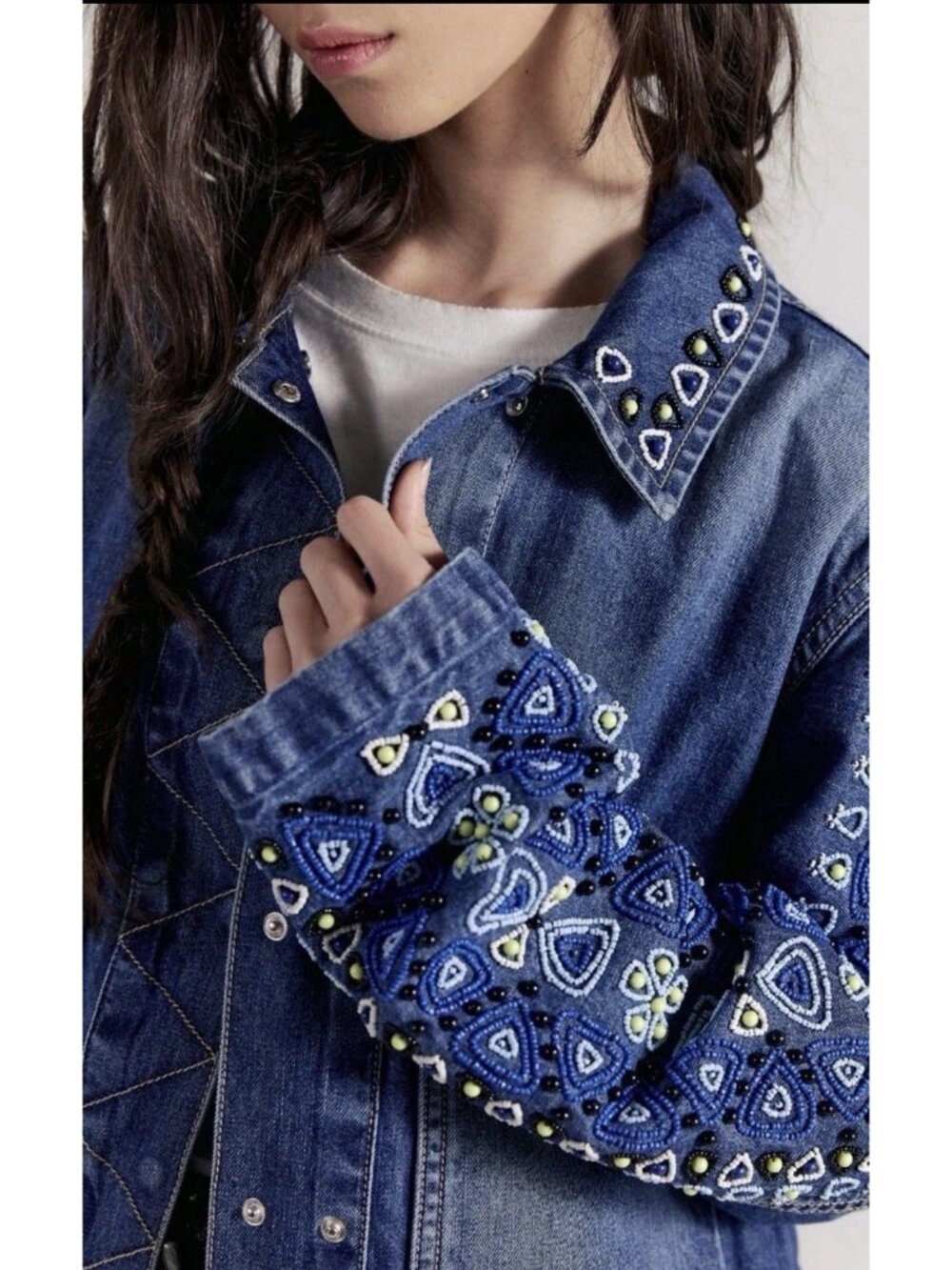 Free People We The Free Suzy Beaded Denim Jacket NWT SIze S MSRP $348